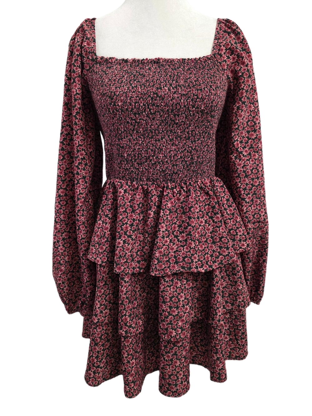 Buddy Love Green With Pink Floral Design Tiered Mini Dress Size Medium